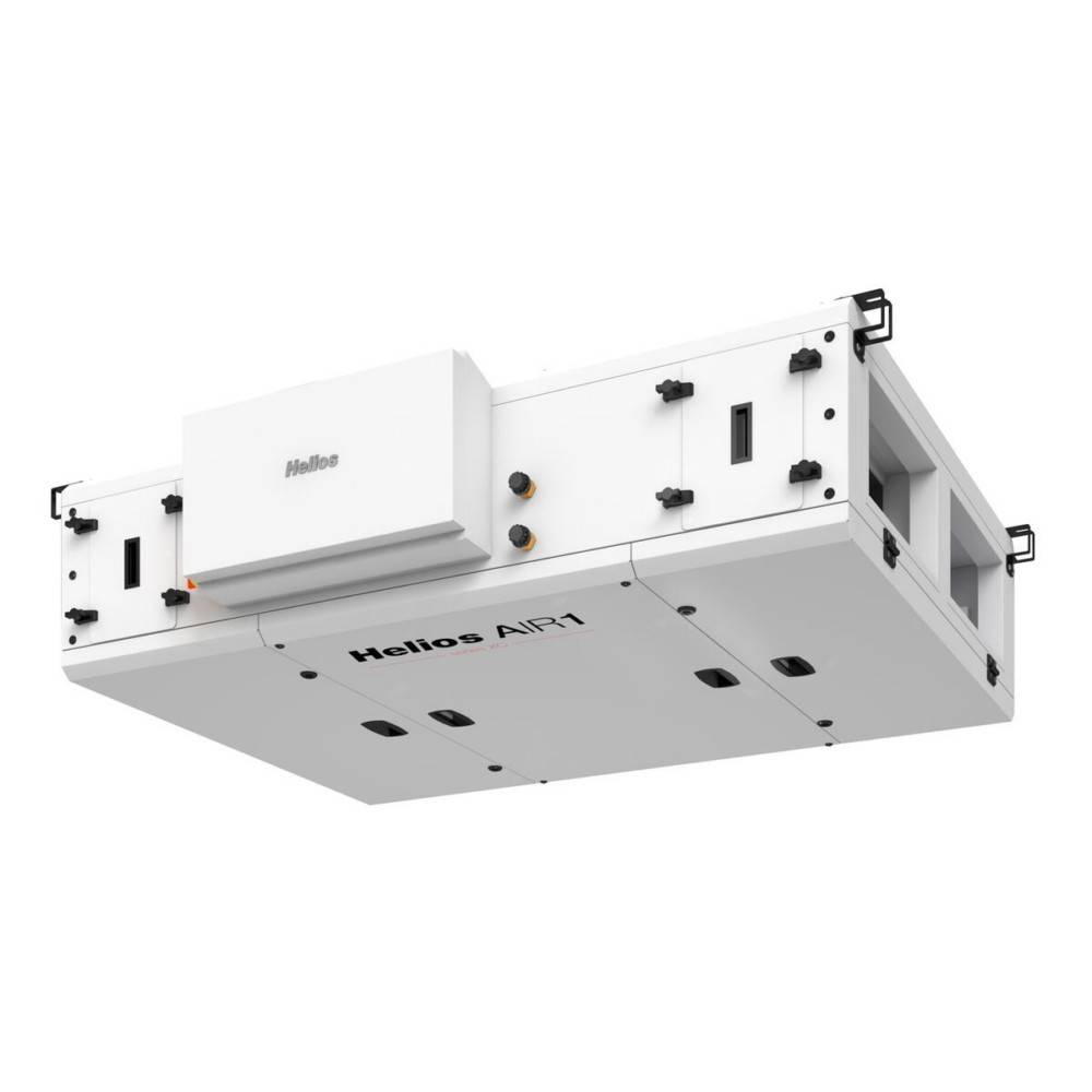 Helios AIR1' HVAC-System, rechteckige weiße Einheit mit sichtbarem Markennamen, ausgestattet mit mehreren Lüftungsöffnungen und Bedienungselementen für Ventilation.