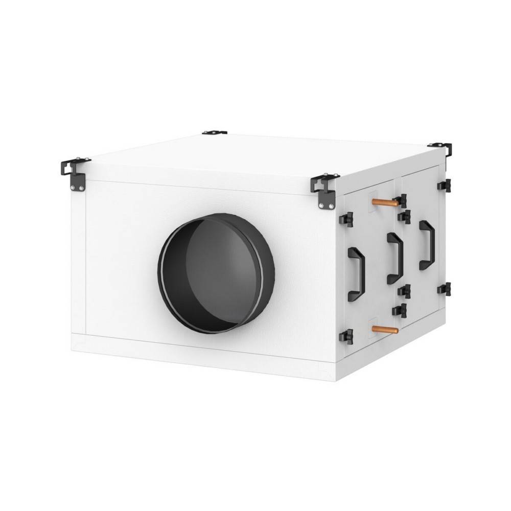 Eine weiße rechteckige Lüftungseinheit mit einer großen kreisförmigen Öffnung an einer Seite und mehreren Griffen und Metallverschlüssen an der anderen Seite.