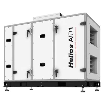 Weiße industrielle Lüftungsanlage mit der Bezeichnung „Helios AIR 1