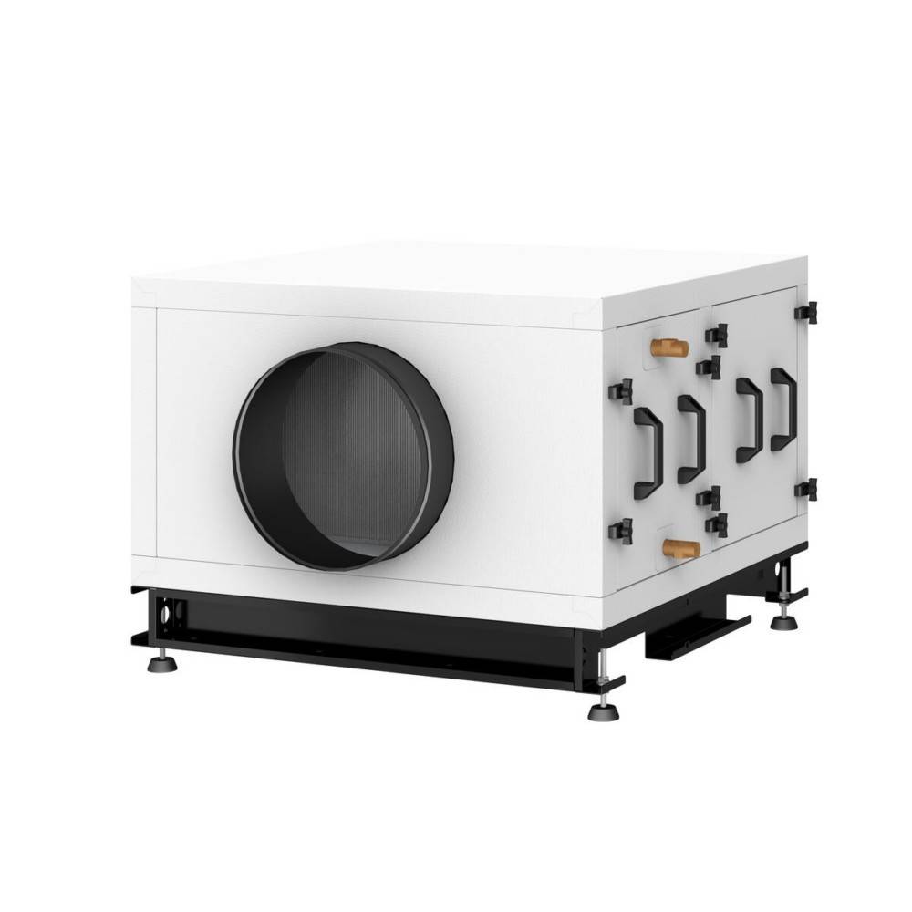 Eine rechteckige Lüftungseinheit mit einer großen kreisrunden Öffnung, montiert auf einer schwarzen Basis und ausgestattet mit mehreren Griffen an den Seiten.