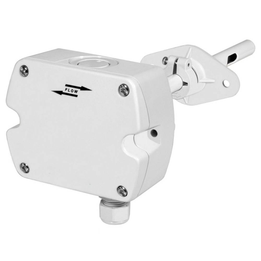 Ein weißer industrieller Durchflusssensor mit Richtungspfeilindikator.