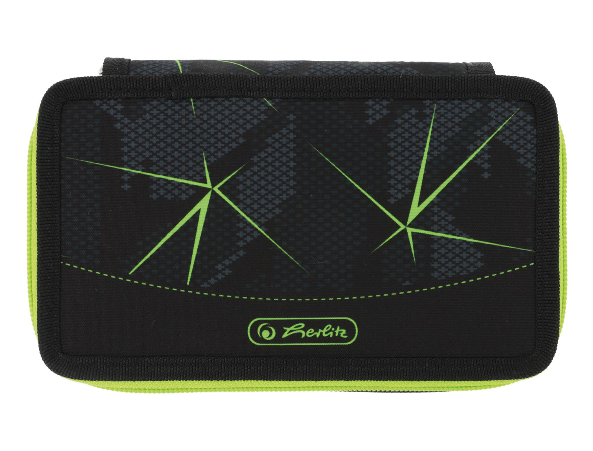 Schwarzes hartes Kunststoff-Etui mit Reißverschluss, neongrünen geometrischen Akzenten und Herlitz-Logo auf der Vorderseite.