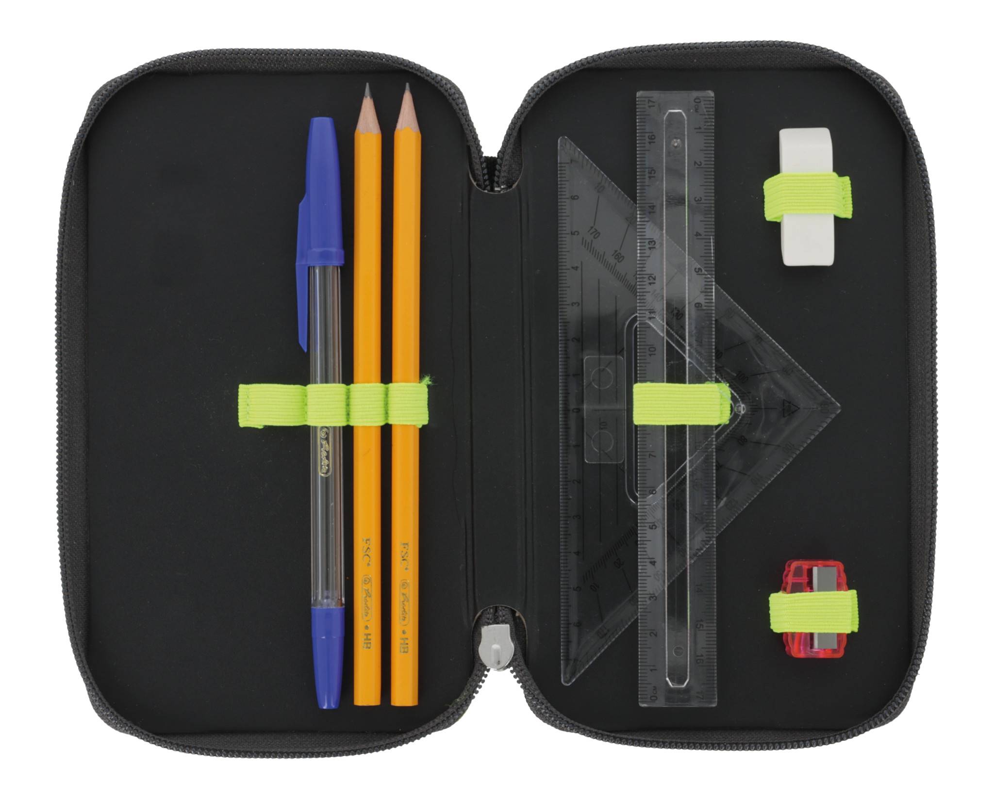 Offene Federtasche mit einem blauen Stift, zwei Bleistiften, zwei Linealen, einem Radiergummi und einem Spitzer, gehalten von grünen Riemen.