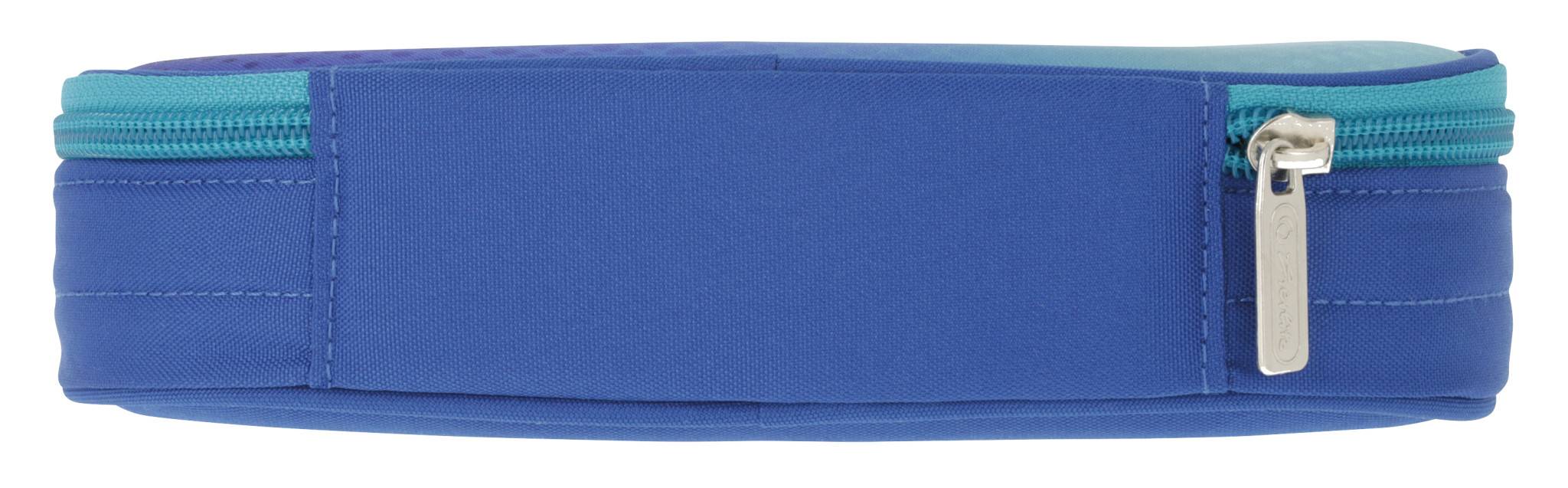 Blaues Federmäppchen mit Reißverschluss, Aquamarin-Besatz und silberner Reißverschluss-Schieber.