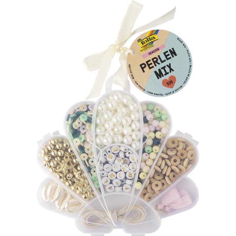 Herzförmiges Perlenset mit Bandkennzeichnung 'PERLEN MIX', mit Fächern voller assortierter Perlen und Schnüren zum Basteln.