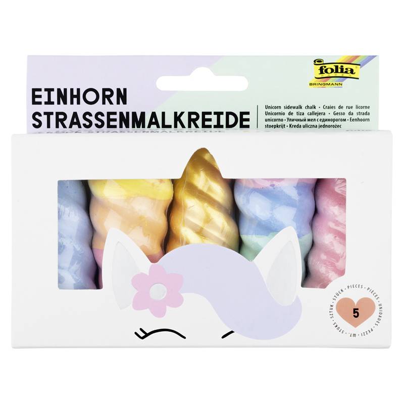 Packung mit fünf einhornförmigen Straßenmalkreidestiften in Pastellfarben, beschriftet mit „EINHORN STRASSENMALKREIDE