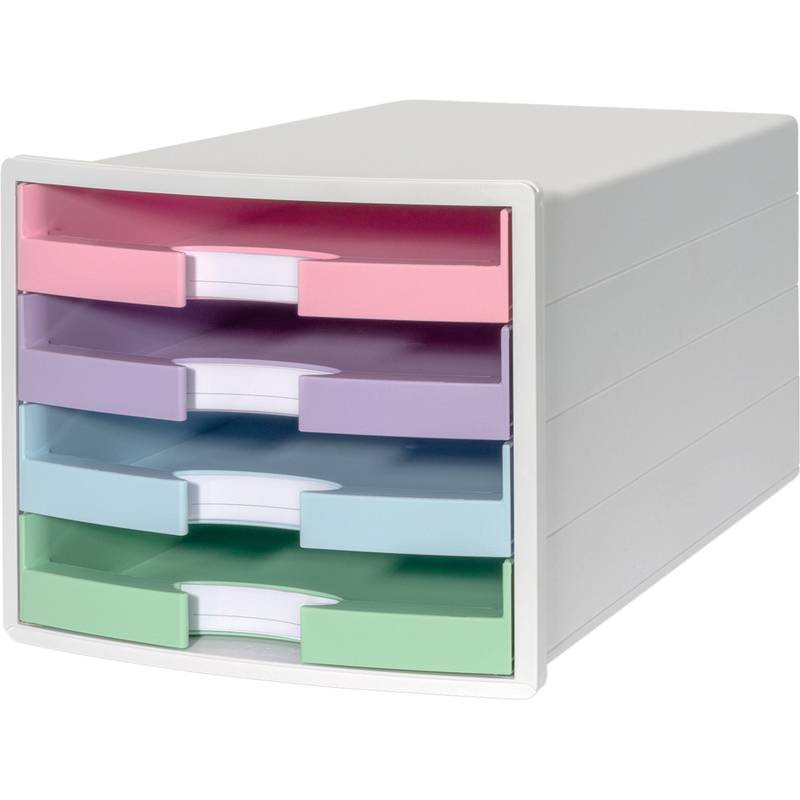 Gestapelter, mehrfarbiger Papierorganizer mit fünf Fächern: rosa, rote, blaue, lila und grüne Schubladen auf einem weißen Rahmen.