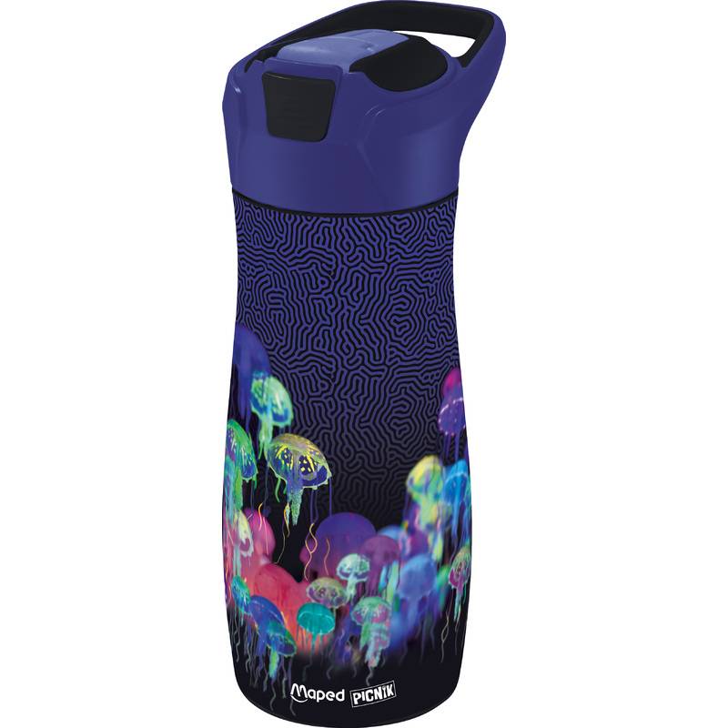 Violette isolierte Wasserflasche mit Tragegriff und Quallendesign in der Nähe des Bodens