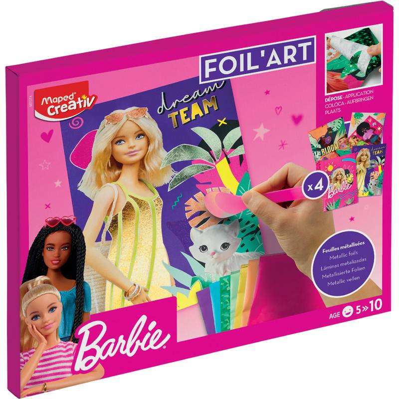 Barbie Folienkunst-Set mit Barbie-Bildern, Folienblättern, Katzenillustration und einem Kunstwerk in Entstehung. Gekennzeichnet als 