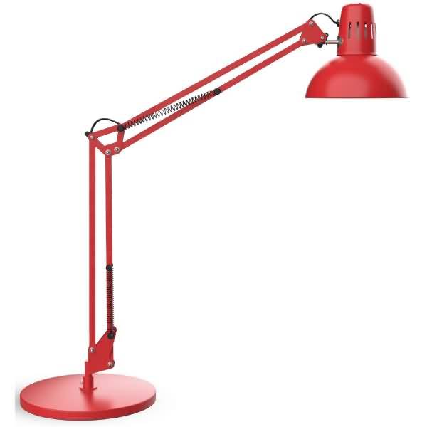 Rote verstellbare Schreibtischlampe mit rundem Fuß und gelenkigem Arm auf weißem Hintergrund.