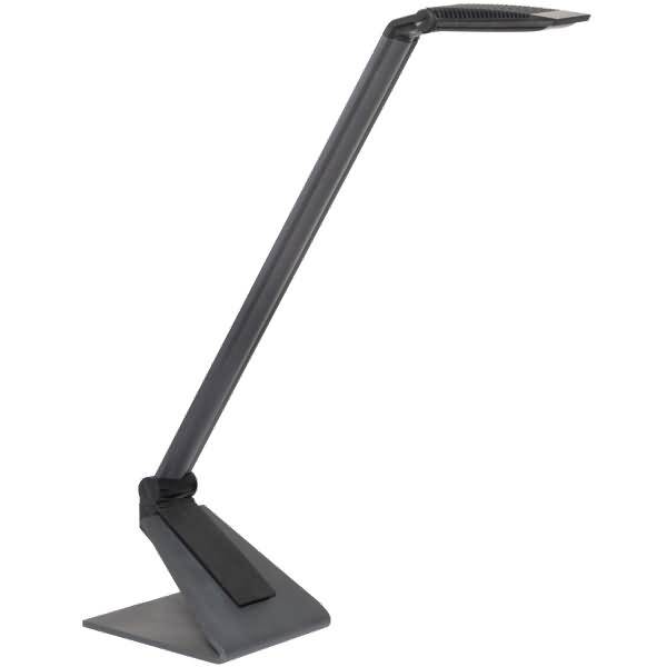Schwarze verstellbare Schreibtischlampe mit abgewinkeltem Arm und rechteckiger Basis auf weißem Hintergrund.