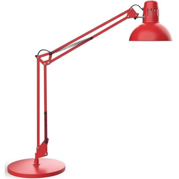 Rote verstellbare Schreibtischlampe mit gelenkigem Arm und runder Basis auf weißem Hintergrund.