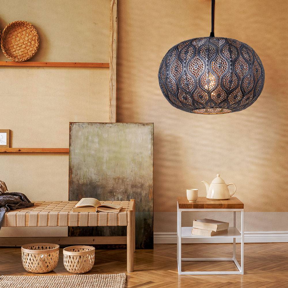 Decken Pendelleuchte im orientalischen Design Hängelampe mit rundem Lampenschirm, schwarz silber-metallic, 1x E27, DMxH 30x120cm, Wohnzimmer