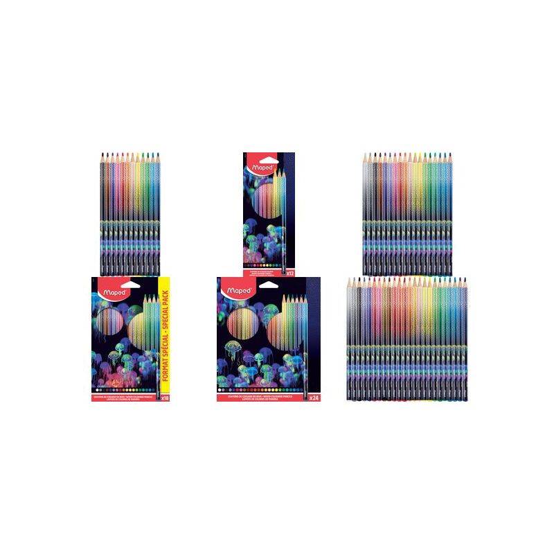 Sortierte Maped-Buntstifte-Packungen und Sets auf weißem Hintergrund angeordnet, mit regenbogenfarbigen Stiften in verschiedenen Paketgrößen.