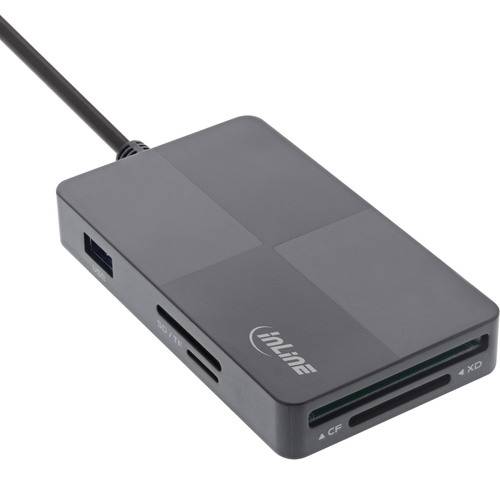 InLine® USB 3.2 Multi Cardreader Hub, SD/TF/MS/XD/CF, 3-Port USB-A, Dual Eingabe / Ausgabe Card
