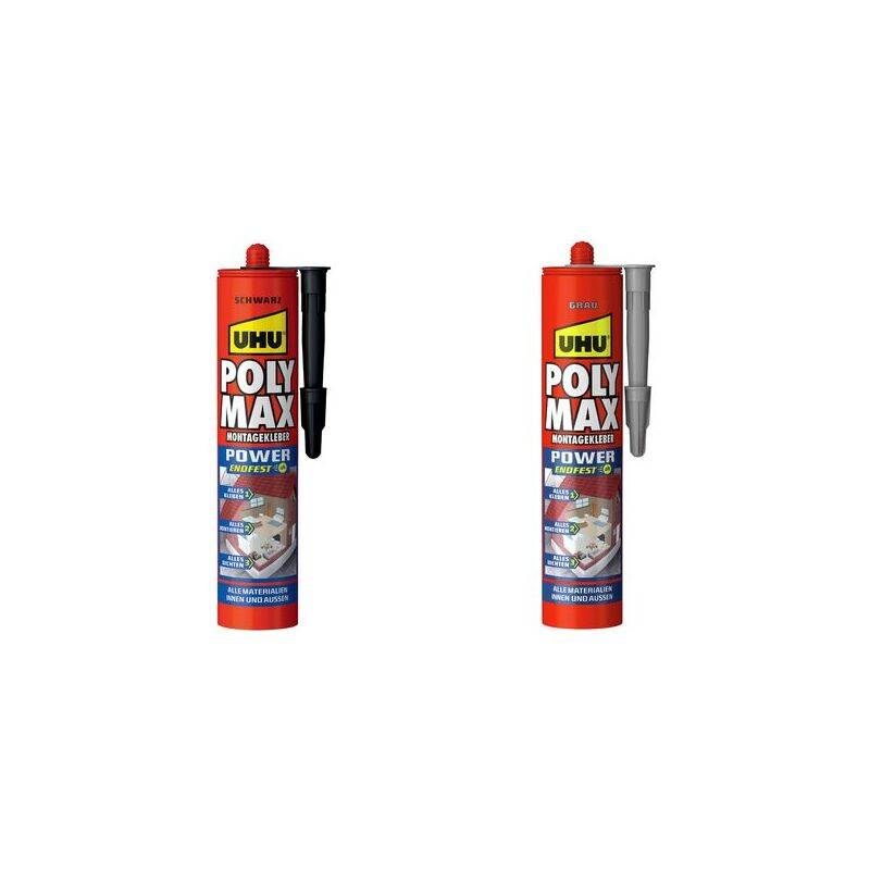 Zwei rote UHU Poly Max Klebstoffpatronen mit blauen Etiketten stehen nebeneinander auf einem weißen Hintergrund.