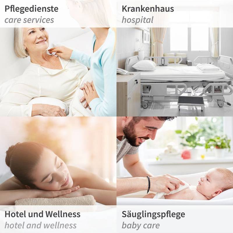 Pflegedienste, Krankenhaus, Hotel und Wellness, Säuglingspflege' mit Bildern: Pflegekraft mit älterer Frau, Krankenhaszimmer, Spa-Massage, Säuglingspflege.