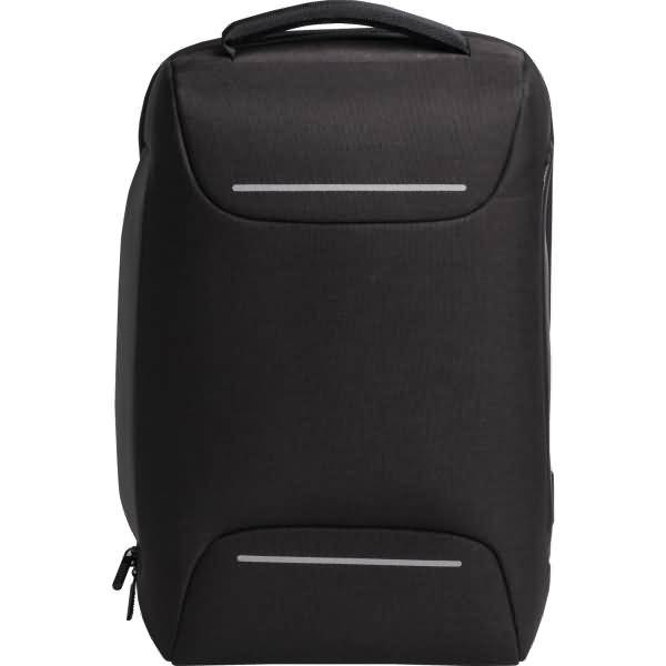 Schwarzer Rucksack mit Tragegriff oben und vorderen Reißverschlusstaschen, auf einem einfachen Hintergrund abgebildet.