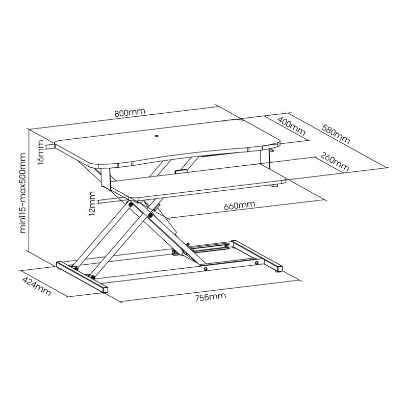 Eine technische Zeichnung eines höhenverstellbaren Schreibtisches mit folgenden Abmessungen: 800 mm Breite, 580 mm Tiefe, Höhenbereich von 121 mm bis 505 mm und 755 mm Basisbreite.