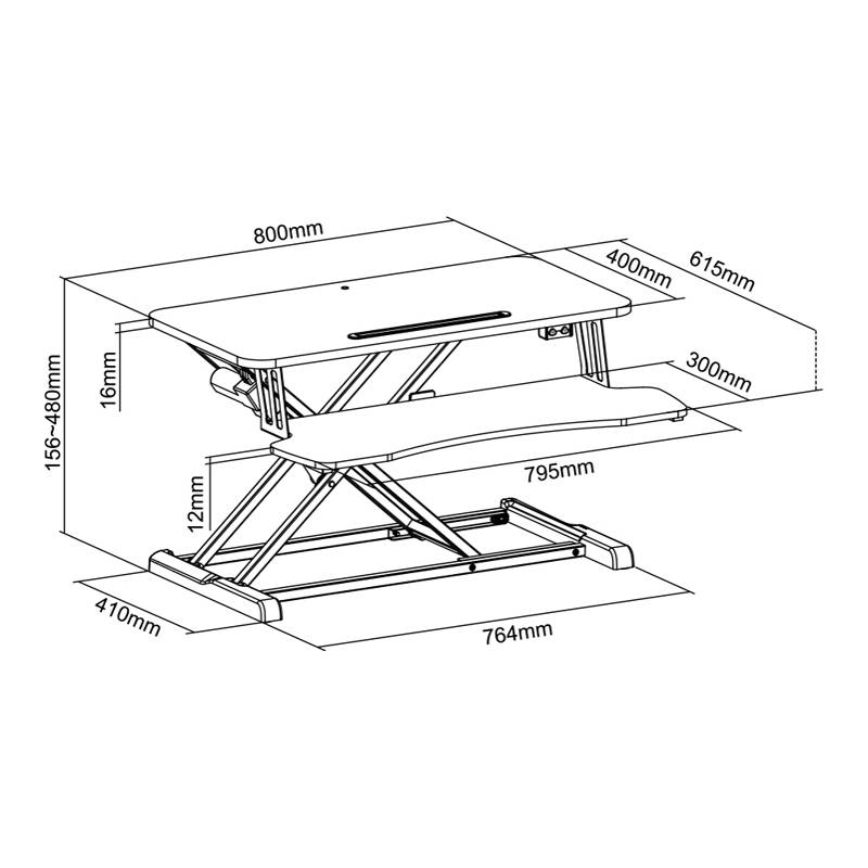 Ein verstellbarer Steh-Schreibtisch-Aufsatz mit den Abmessungen: 800 mm Breite, 615 mm Tiefe, Höhenbereich 156-480 mm, Tastaturablage 795 mm Breite.