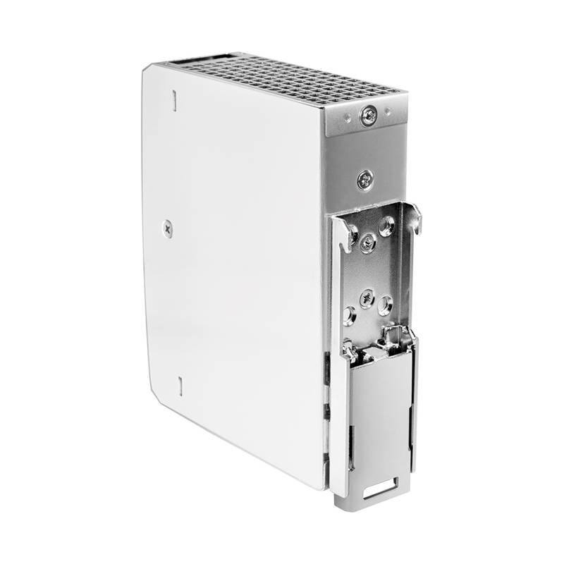 Ein silbernes Metallgehäuse mit Befestigungsbügel, das zum Aufnehmen und Schutz elektronischer Komponenten entwickelt wurde.