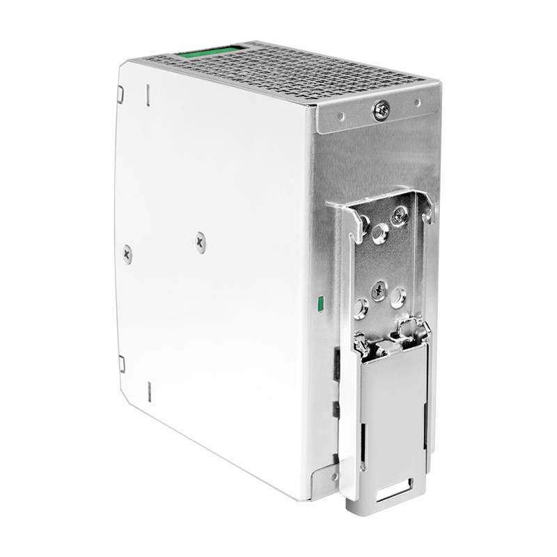 Eine silberne industrielle Stromversorgungseinheit mit Metallgehäuse und Befestigungsschiene, ausgelegt für die Montage auf einer Hutschiene in elektrischen Verteilerkästen.