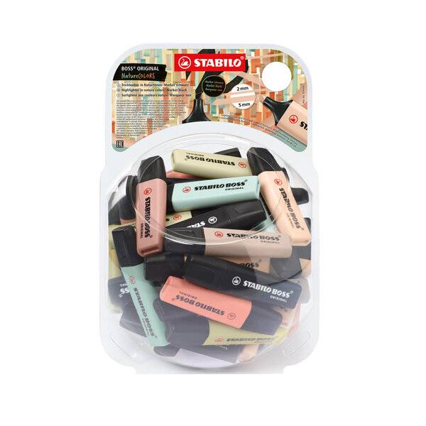 Blisterpackung mit STABILO BOSS Original Textmarkern in verschiedenen Pastellfarben und Schwarz, gezeigt in transparenter Kunststoffverpackung.
