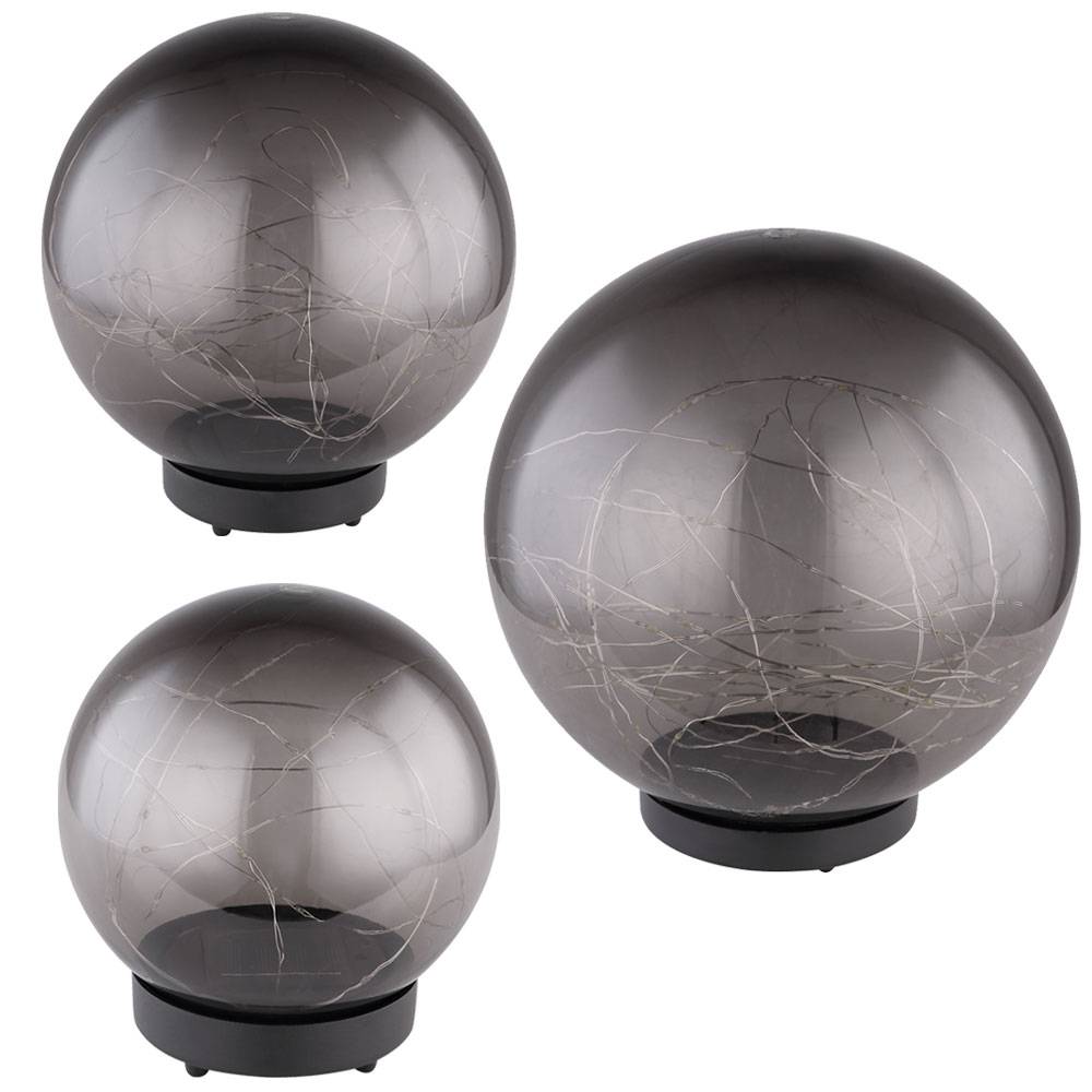 Solarlampe Gartendeko Solarkugeln Außen LED Gartenlampe Steckleuchte Erdspieß, Kunststoff rauch, D 15 cm, 20 cm, 25 cm, 3er Set