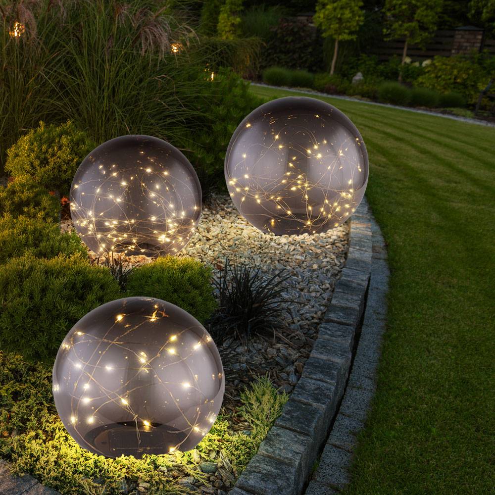 Solarlampe Gartendeko Solarkugeln Außen LED Gartenlampe Steckleuchte Erdspieß, Kunststoff rauch, D 15 cm, 20 cm, 25 cm, 3er Set