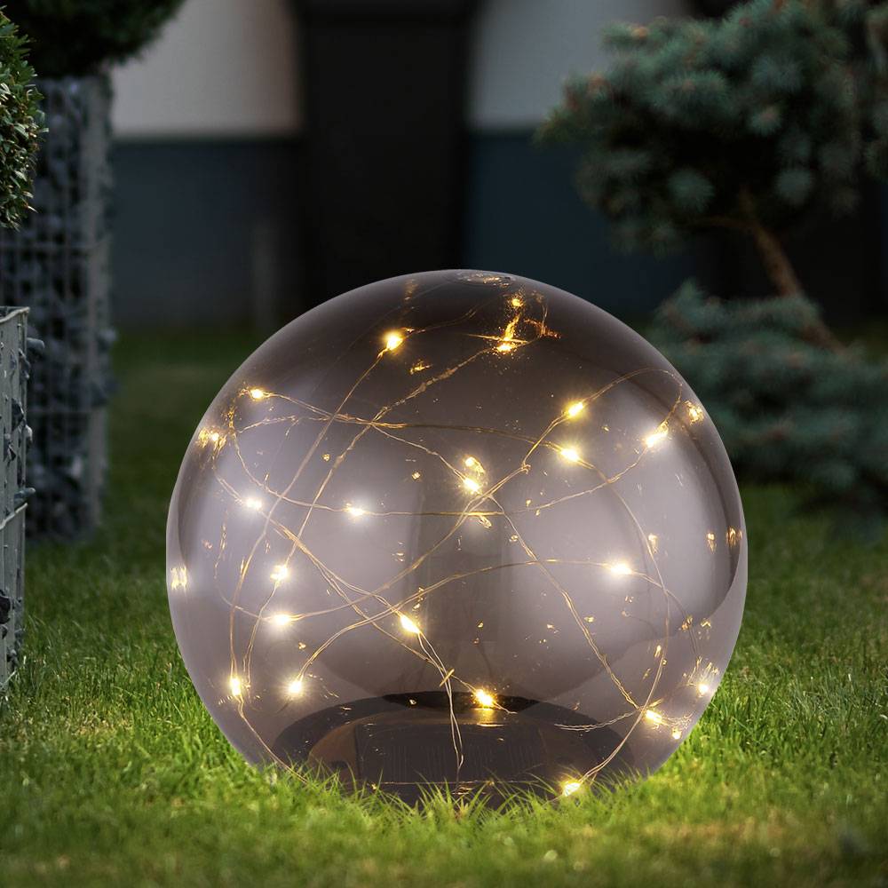 Solarlampe Gartendeko Solarkugeln Außen LED Gartenlampe Steckleuchte Erdspieß, Kunststoff rauch, D 15 cm, 20 cm, 25 cm, 3er Set