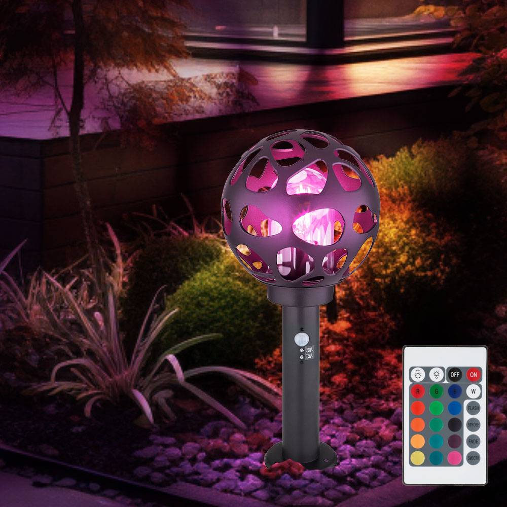 LED Sockelleuchte mit Bewegungsmelder Kugel Wegelampe mit Bewegungsmelder Außen Standleuchte, Edelstahl anthrazit, RGB Farbwechsel dimmbar