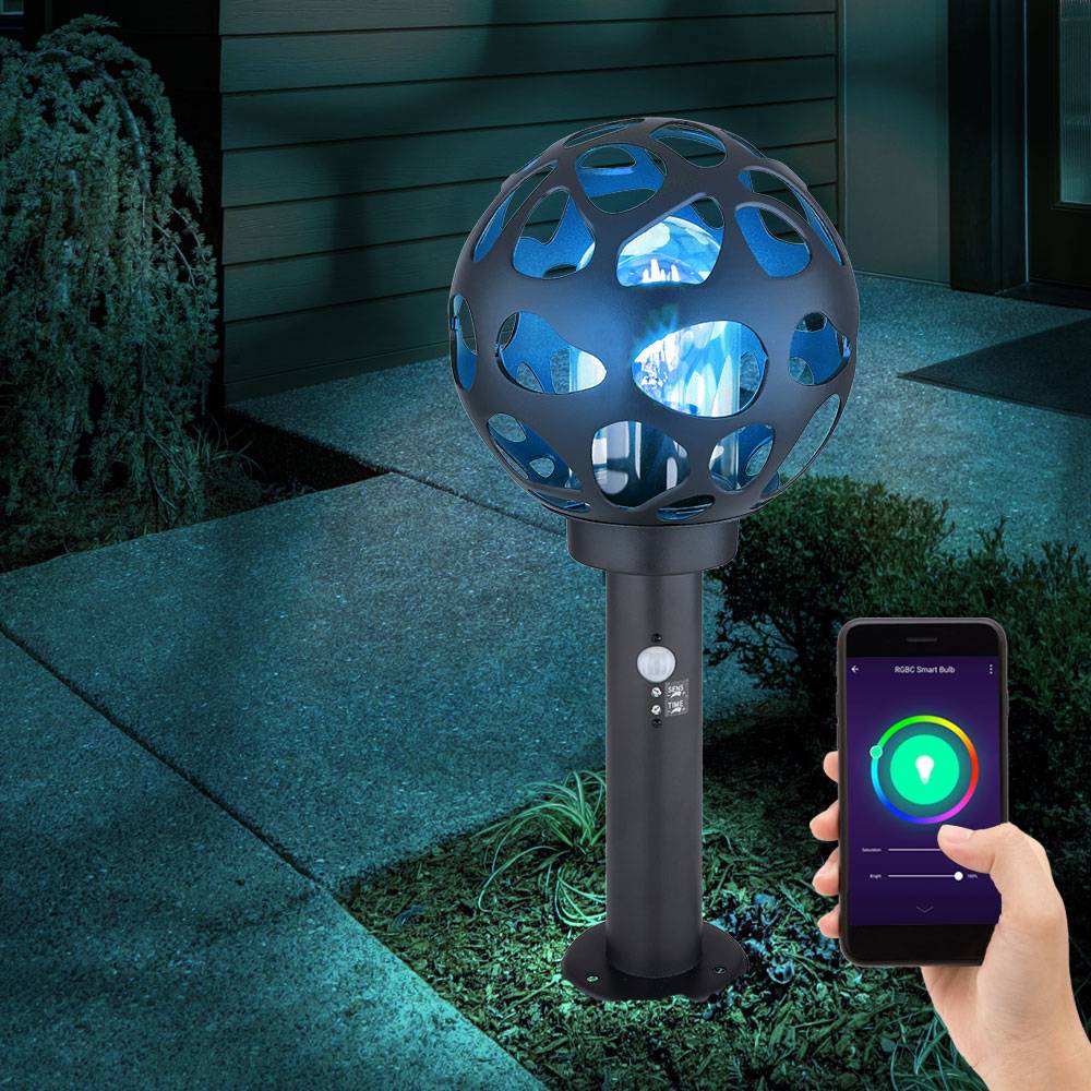 Sockelleuchte mit Bewegungsmelder Kugel Wegelampe mit Bewegungsmelder Außen Standleuchte außen, Edelstahl anthrazit, App Steuerung dimmbar CCT, Smar