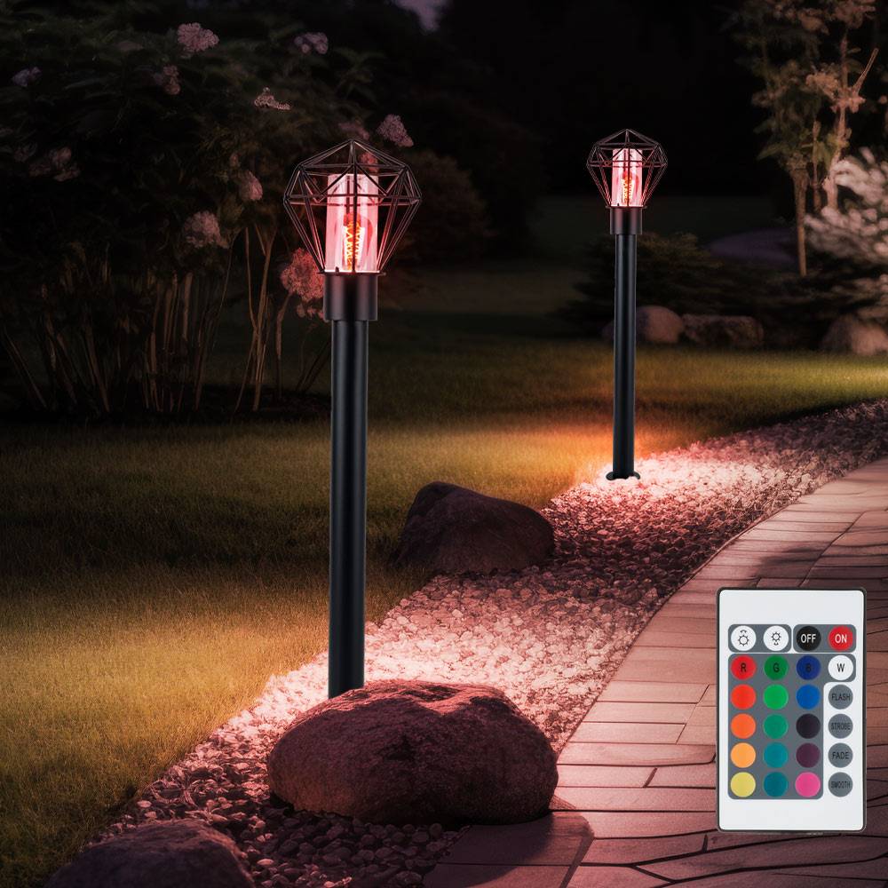 Stehlampe dimmbar mit Fernbedienung Terrassenlampe Außenleuchte Industriell LED Wegelampe schwarz Edelstahl Sockelleuchte, RGB Farbwechsel, 8,5W