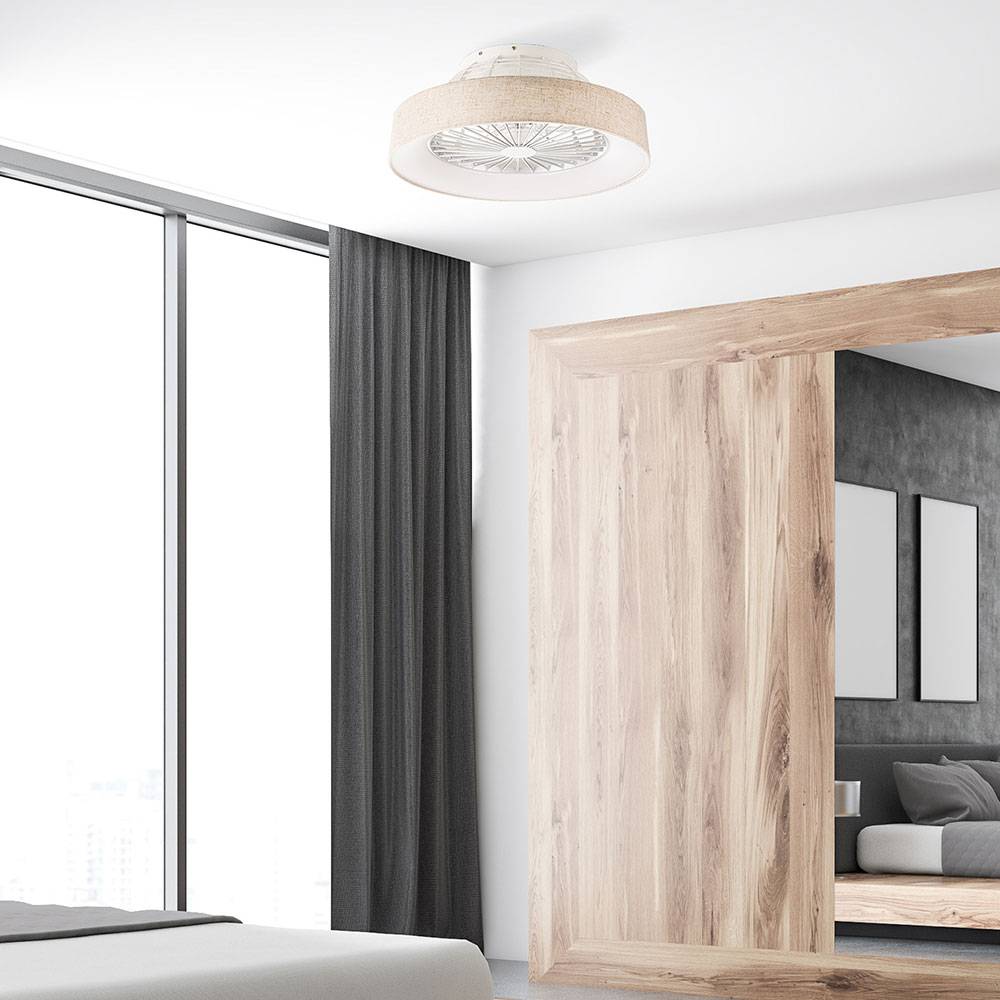 Deckenventilator Deckenleuchte Wohnzimmerleuchte Esszimmerlampe Raumlüfter Kühler, Kunststoff Textil weiß natur, Fernbedienung dimmbar CCT 3-Stufen
