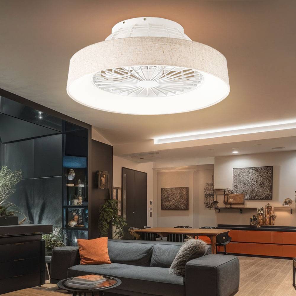 Deckenventilator Deckenleuchte Wohnzimmerleuchte Esszimmerlampe Raumlüfter Kühler, Kunststoff Textil weiß natur, Fernbedienung dimmbar CCT 3-Stufen