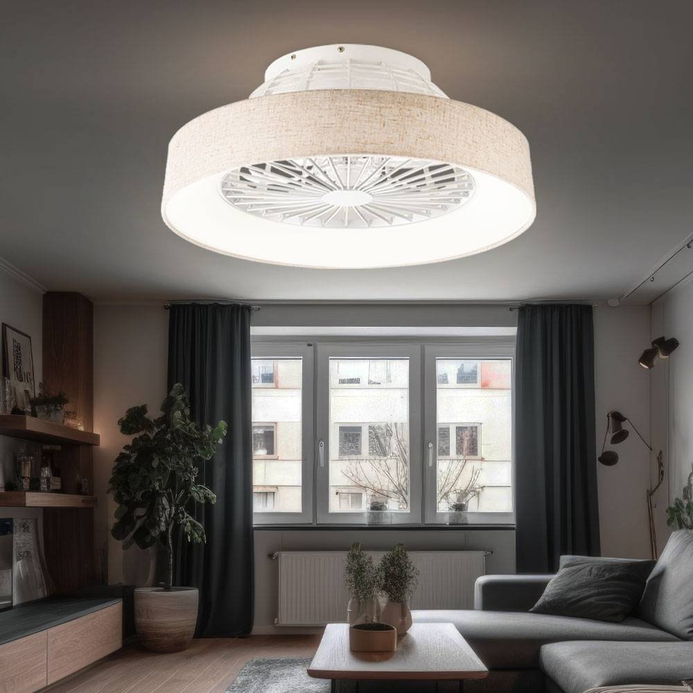 Deckenventilator Deckenleuchte Wohnzimmerleuchte Esszimmerlampe Raumlüfter Kühler, Kunststoff Textil weiß natur, Fernbedienung dimmbar CCT 3-Stufen