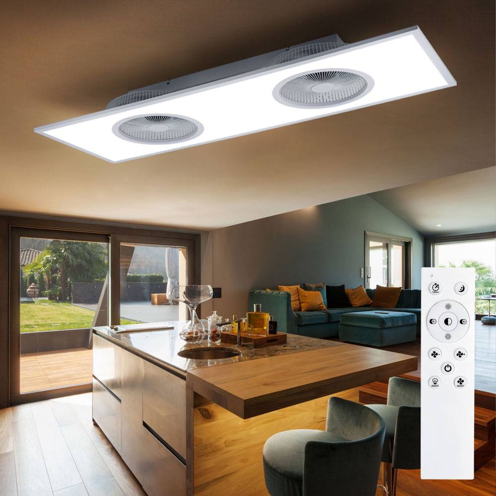 Deckenlampe Deckenventilator mit Beleuchtung Fernbedienung 2 Ventilatoren Schlafzimmer dimmbar CCT, 1x LED 24W warmweiß-kaltweiß, LxBxH 120x40x12,5