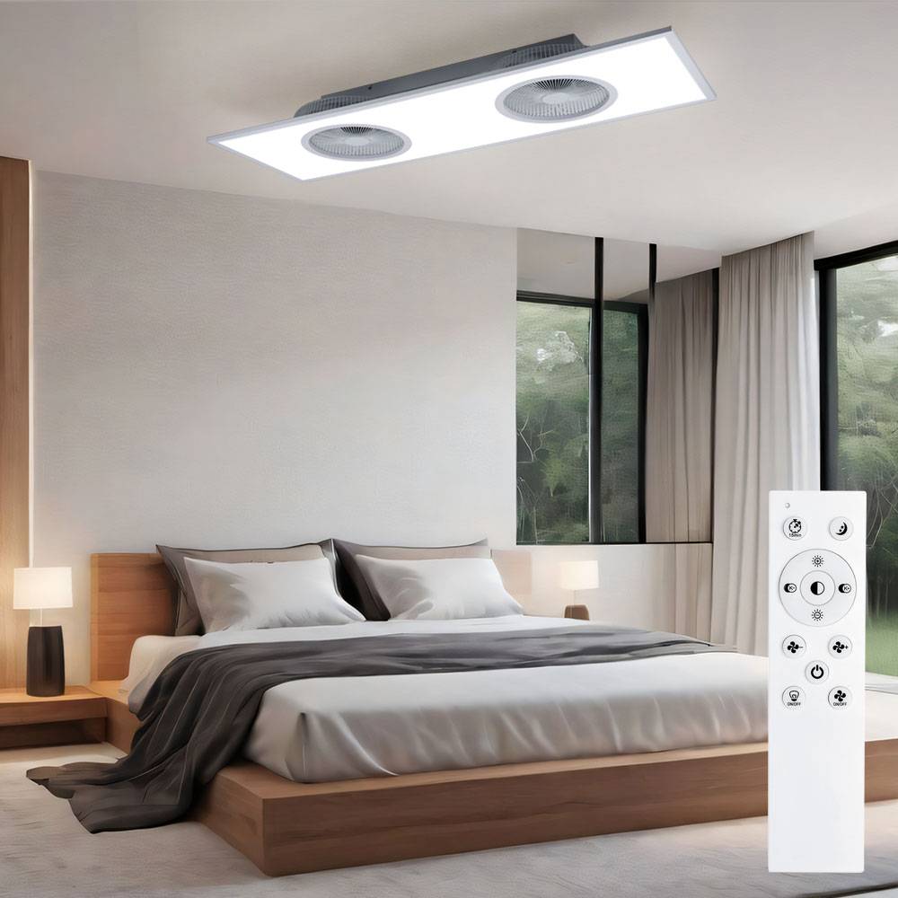 Deckenlampe Deckenventilator mit Beleuchtung Fernbedienung 2 Ventilatoren Schlafzimmer dimmbar CCT, 1x LED 24W warmweiß-kaltweiß, LxBxH 120x40x12,5