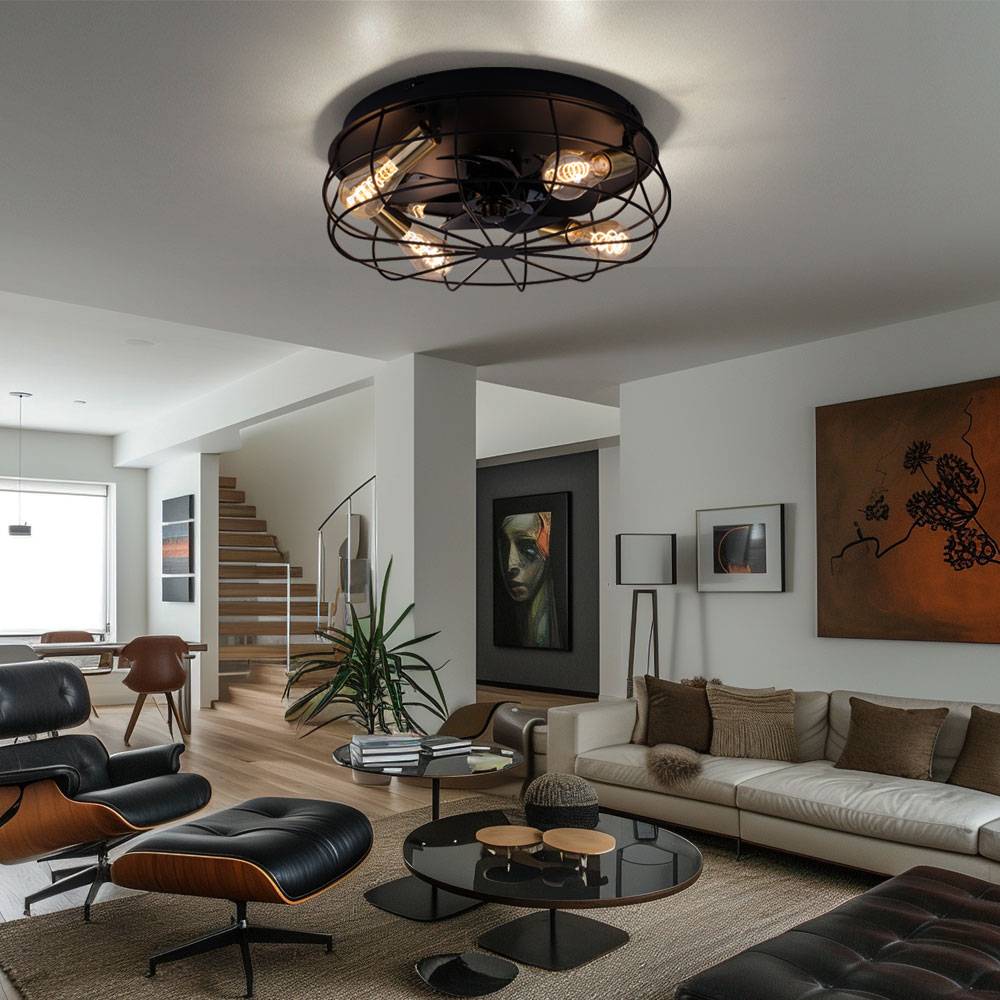 Deckenventilator Deckenlampe Wohnzimmerleuchte Esszimmerlampe, Metall schwarz, 3 Geschwindigkeiten Fernbedienung Timer, 4 Flammig E27, D 48,5 cm