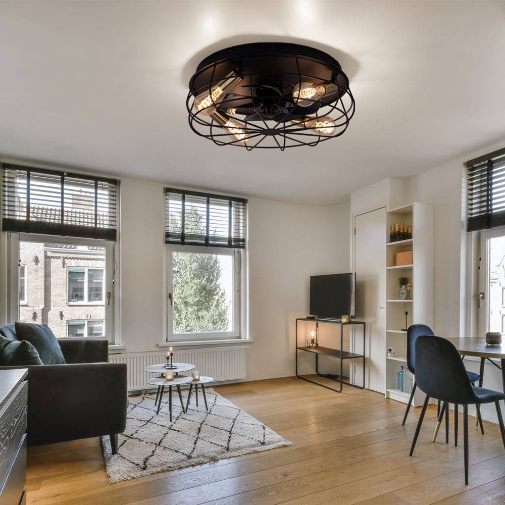 Deckenventilator Deckenlampe Wohnzimmerleuchte Esszimmerlampe, Metall schwarz, 3 Geschwindigkeiten Fernbedienung Timer, 4 Flammig E27, D 48,5 cm