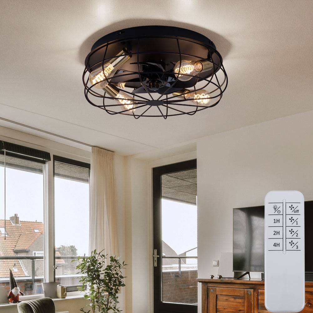 Deckenventilator Deckenlampe Wohnzimmerleuchte Esszimmerlampe, Metall schwarz, 3 Geschwindigkeiten Fernbedienung Timer, 4 Flammig E27, D 48,5 cm