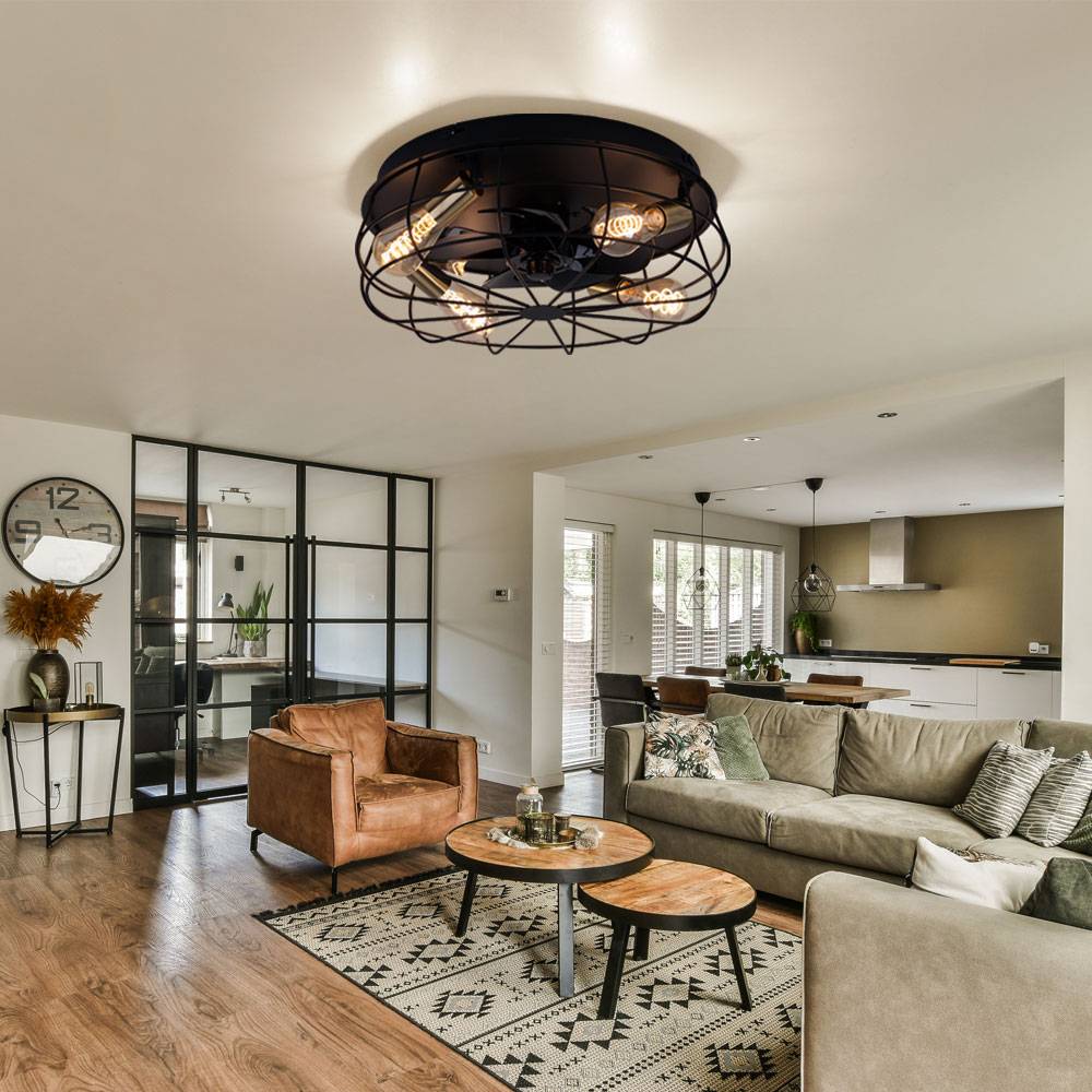 Deckenventilator Deckenlampe Wohnzimmerleuchte Esszimmerlampe, Metall schwarz, 3 Geschwindigkeiten Fernbedienung Timer, 4 Flammig E27, D 48,5 cm