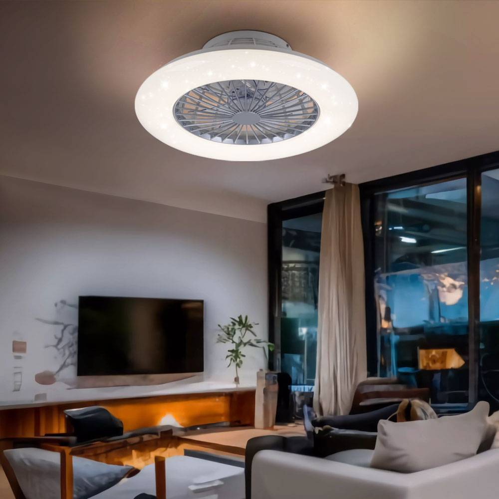 Deckenleuchte Deckenventilator Raumlüfter Kühler Sternenhimmel Wohnzimmerlampe, Stahl weiß Kunststoff, Fernbedienung dimmbar Nachtlicht 3 Stufen CC