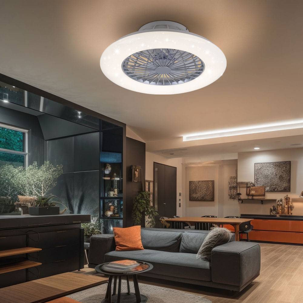 Deckenleuchte Deckenventilator Raumlüfter Kühler Sternenhimmel Wohnzimmerlampe, Stahl weiß Kunststoff, Fernbedienung dimmbar Nachtlicht 3 Stufen CC