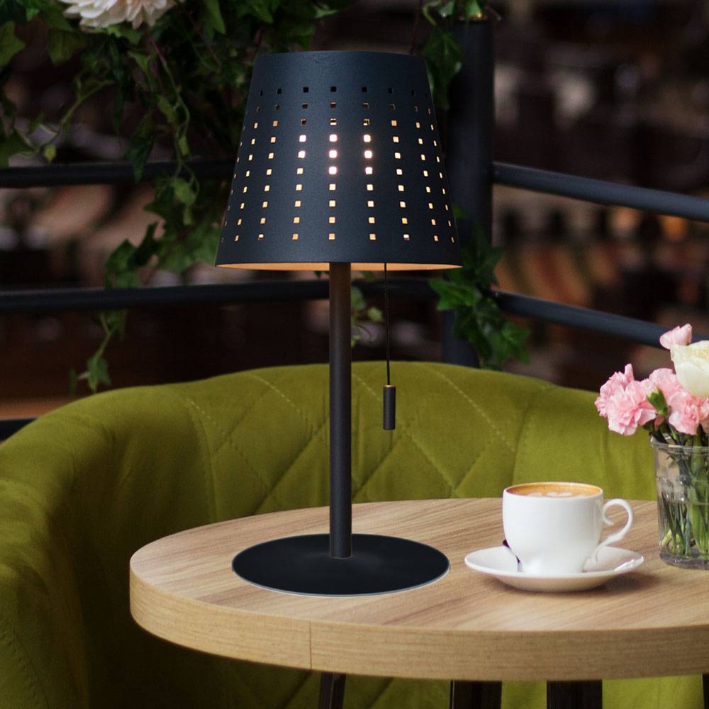 Tischlampe Solarlampe Außenleuchte Terrassenlampe, Timer USB Kabel Akku dimmbar Zugschalter IP44, anthrazit, 1x LED 2W 155Lm 3000K, DxH 14x30cm