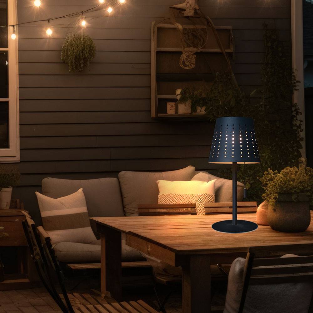 Tischlampe Solarlampe Außenleuchte Terrassenlampe, Timer USB Kabel Akku dimmbar Zugschalter IP44, anthrazit, 1x LED 2W 155Lm 3000K, DxH 14x30cm