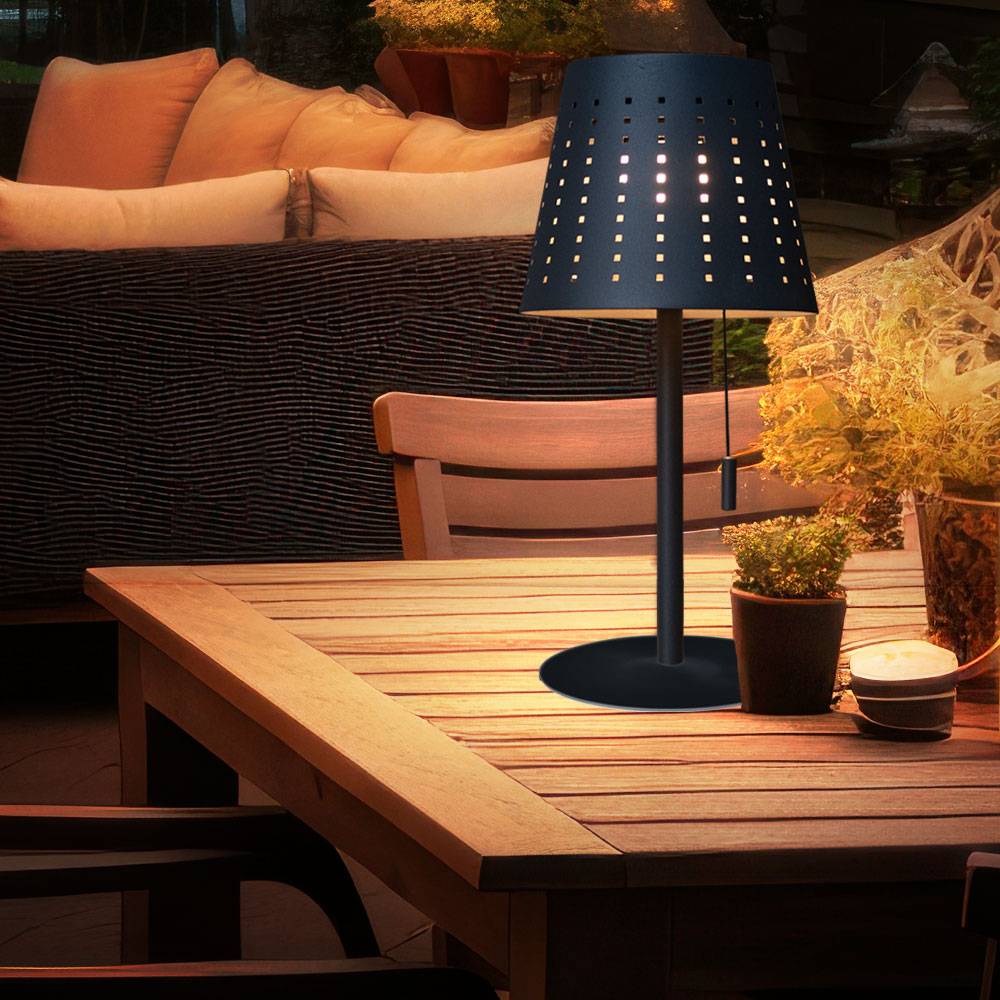 Tischlampe Solarlampe Außenleuchte Terrassenlampe, Timer USB Kabel Akku dimmbar Zugschalter IP44, anthrazit, 1x LED 2W 155Lm 3000K, DxH 14x30cm