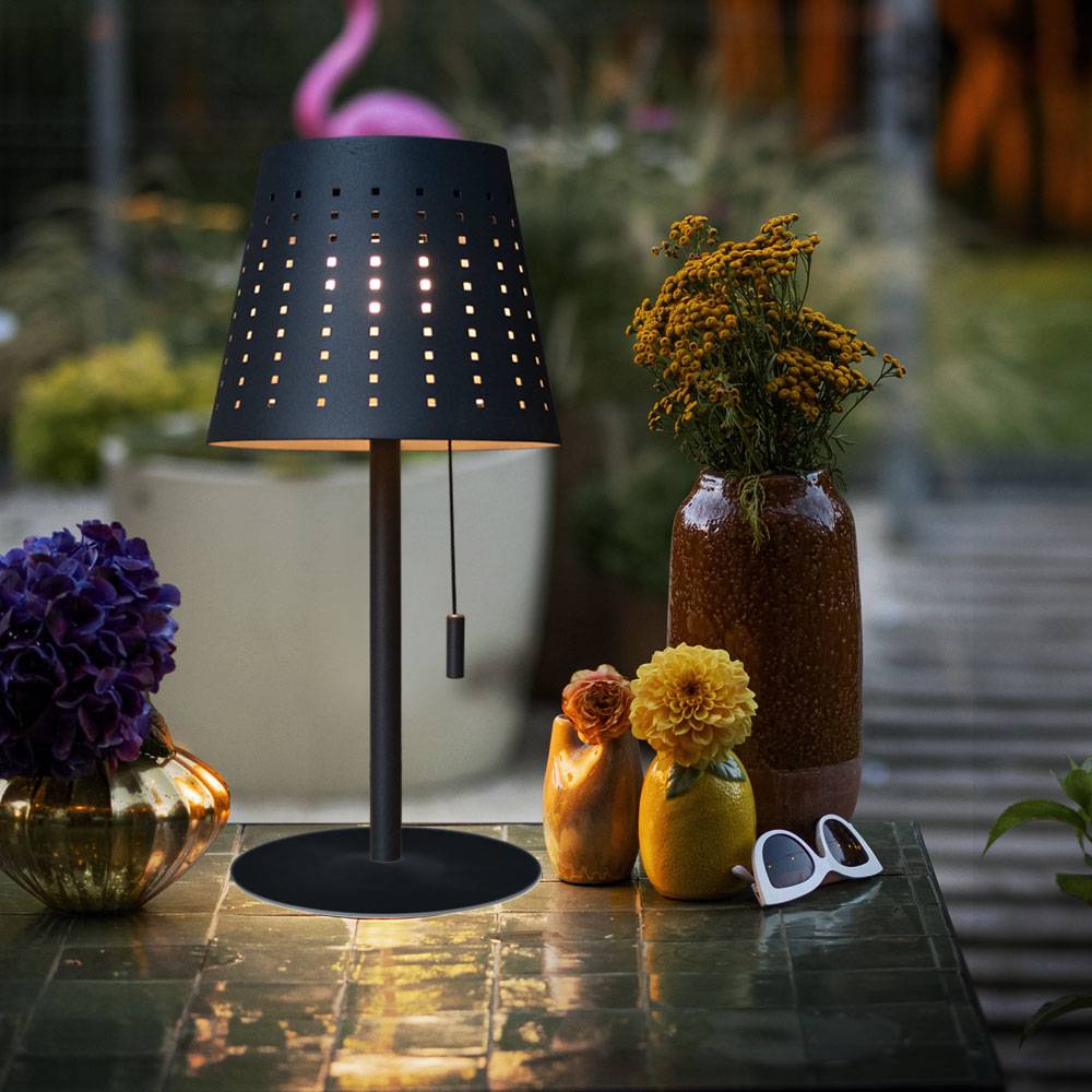 Tischlampe Solarlampe Außenleuchte Terrassenlampe, Timer USB Kabel Akku dimmbar Zugschalter IP44, anthrazit, 1x LED 2W 155Lm 3000K, DxH 14x30cm