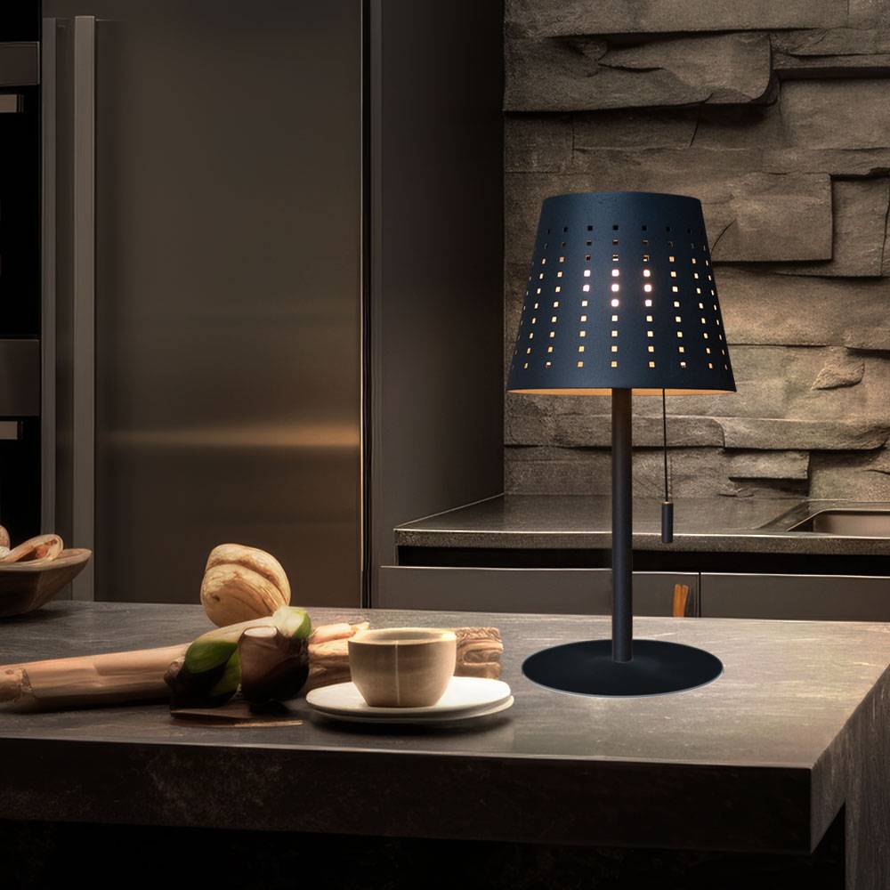 Tischlampe Solarlampe Außenleuchte Terrassenlampe, Timer USB Kabel Akku dimmbar Zugschalter IP44, anthrazit, 1x LED 2W 155Lm 3000K, DxH 14x30cm