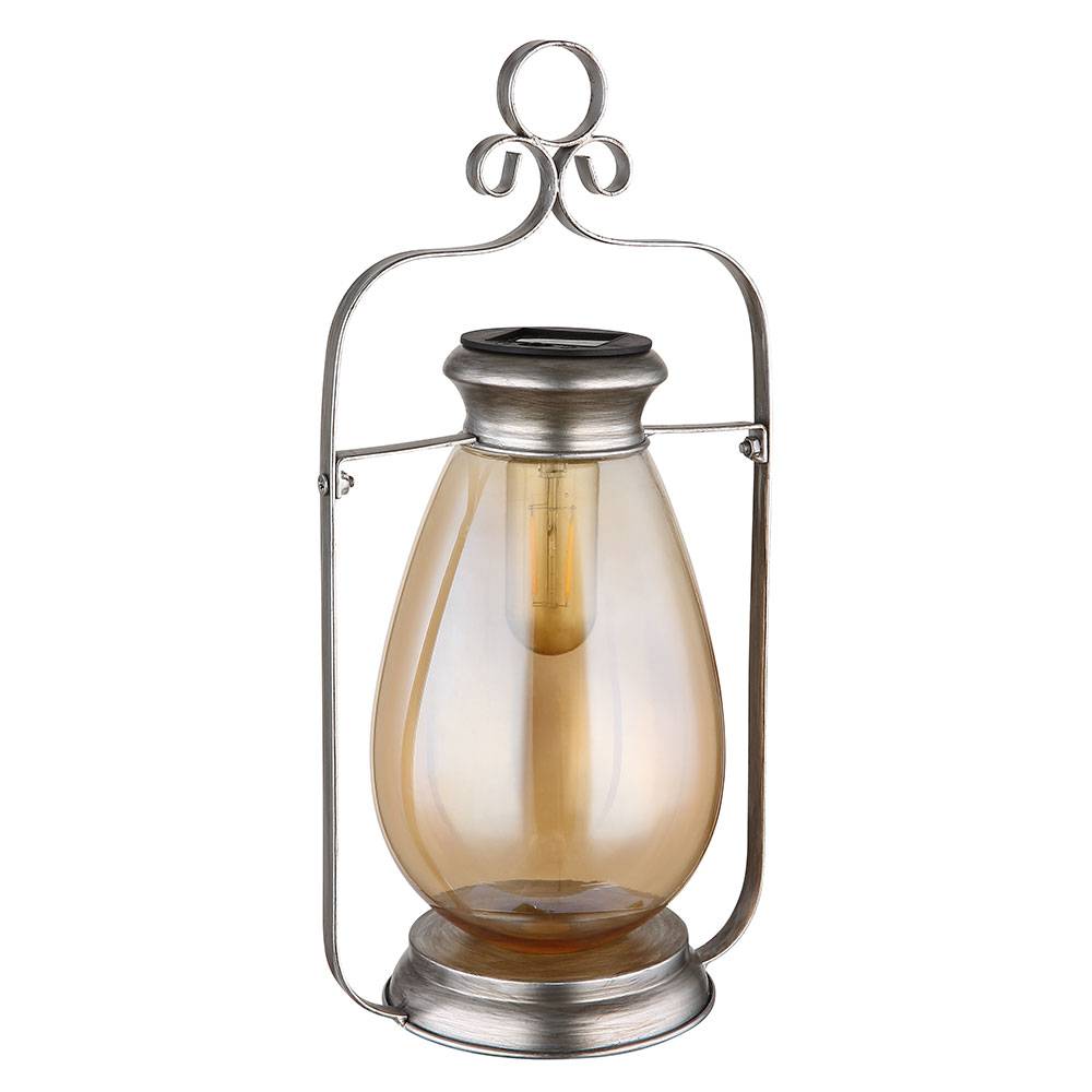 LED Solarleuchte Laterne Außenlampe Gartendeko Balkonlampe, Metall Glas amber silber, Akku IP44 Wetterfest, 3000K warmweiß, H 36,5 cm